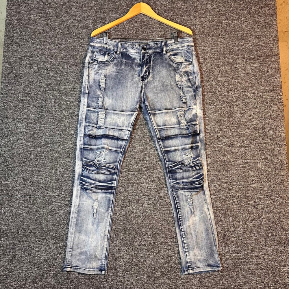 CJ Black Premium Mens Acid Wash Blue Ripped Moto Biker Slim Fit Distressed Jeans